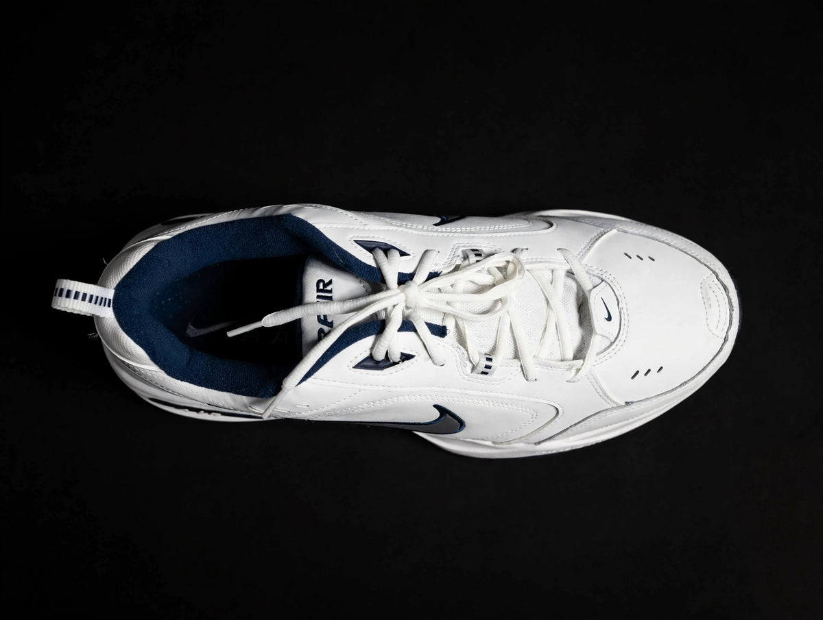 Nike Air Monarch IV "White Navy Metallic Silver" — 415445-102 — Men's 15