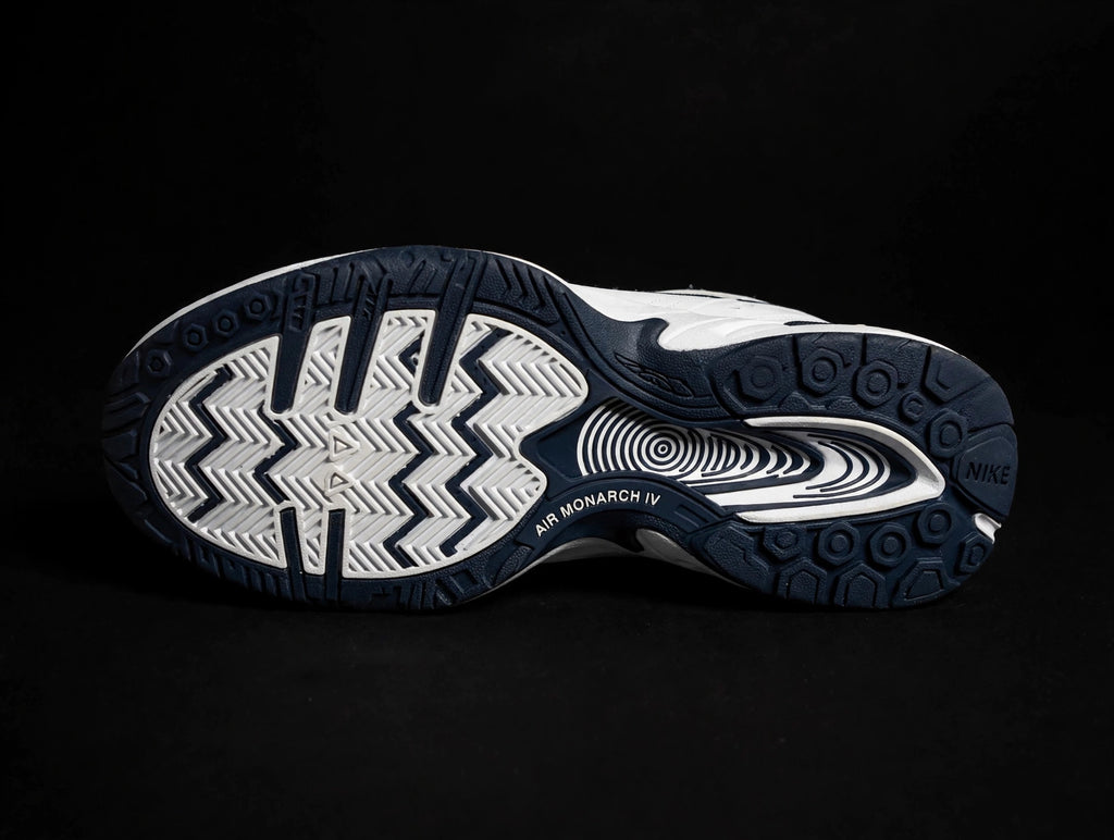 Nike Air Monarch IV "White Navy Metallic Silver" — 415445-102 — Men's 15