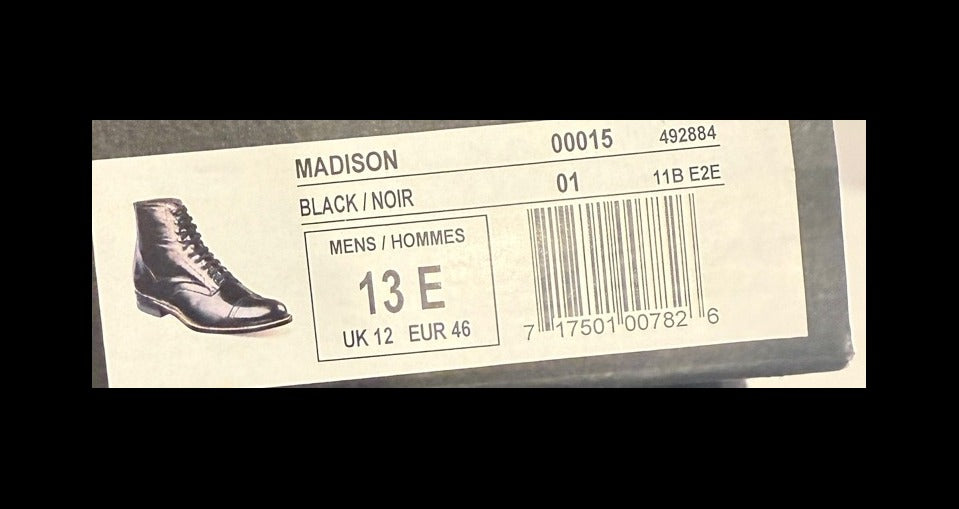 Stacy Adams Madison Cap Toe Boot — 00015 — Black — Men's 13 E Wide